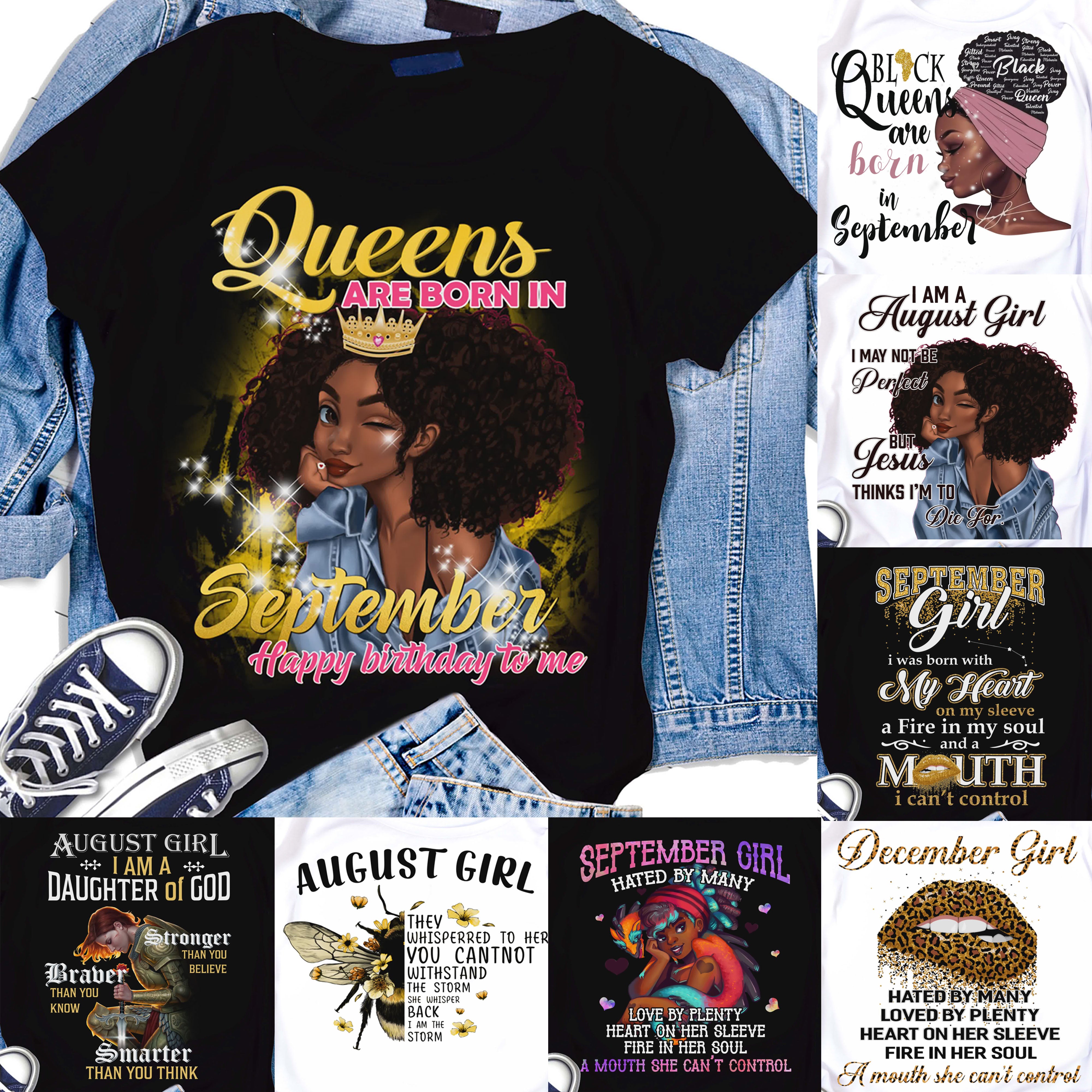 September Girl Birthday Black GIrl August Girl Queen Are Born gifts Tshirt Birthday for Women