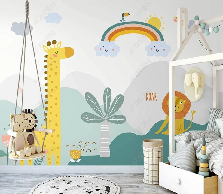 3D Cartoon Mountain Animal Giraffe Lion Rainbow Wall Mural Wallpaper Lqh 361