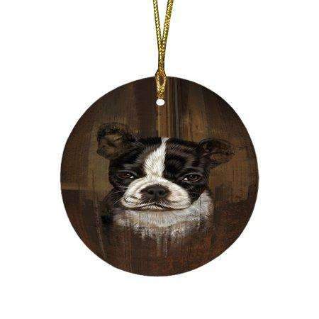 Rustic Boston Terrier Puppy Round Christmas Ornament Rfpor48201