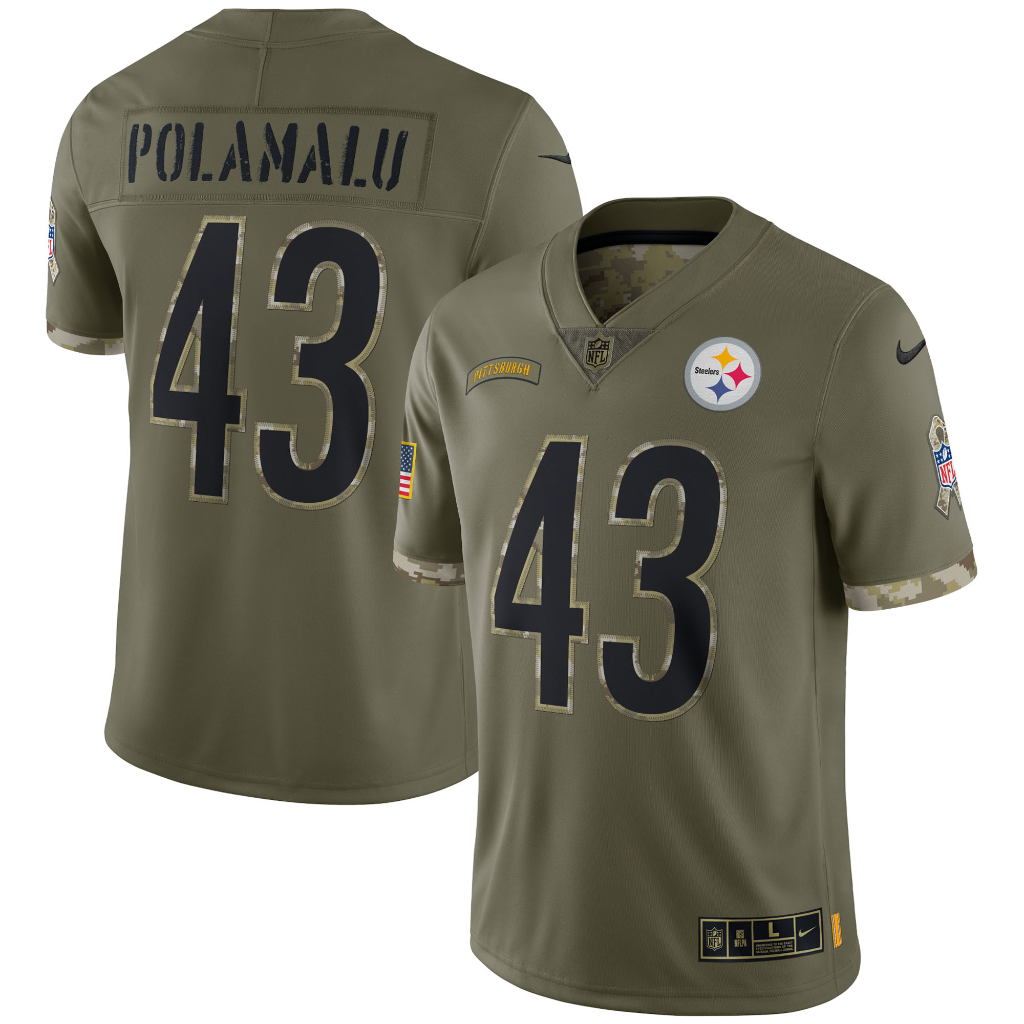 Men’s Pittsburgh Steelers Troy Polamalu Olive 2022 Salute To Service Retired Player Limited Jersey