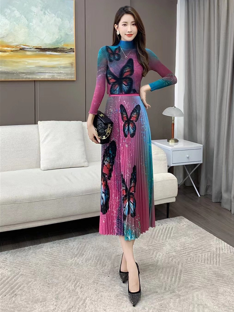 Women’s Vintage High Collar Butterfly Print Stretch Pullover Top＋Long Pleated Skirt Set Autumn Winter Runway 2 Pieces Outfits alx