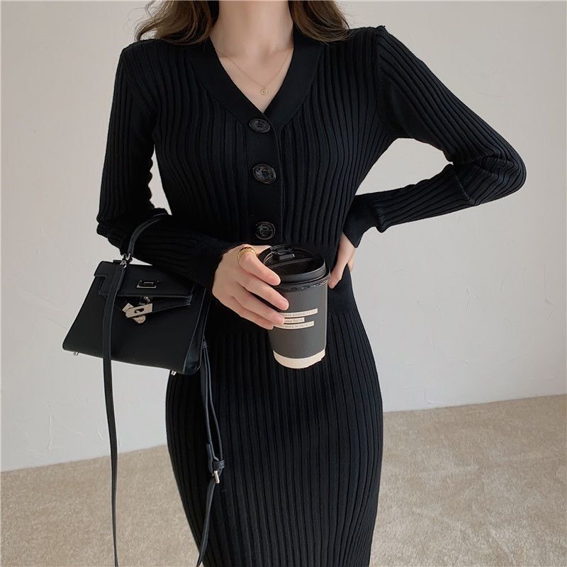 Women Long Sleeve Dresses Solid Color Sheath V-neck Buttons High Waist Ladies Elegant New Vestidos Knitting Korean Style Bodycon alx