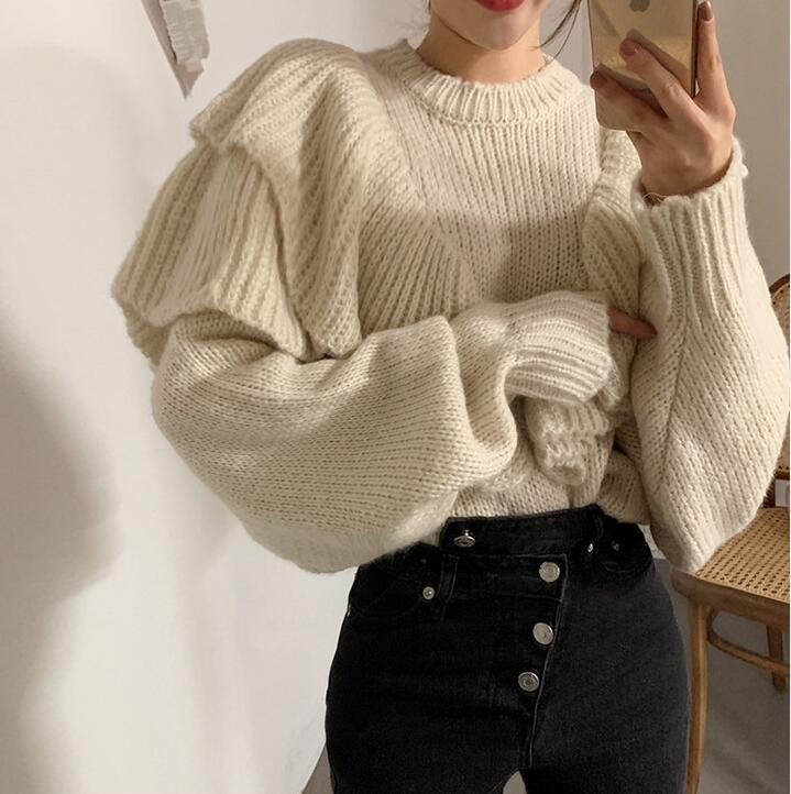 Spring 2020 New Long Flare Sleeve Women Pullovers And Sweaters Knitted Streetwear Beige Or Pink Ruffles Jumper Sweaters alx