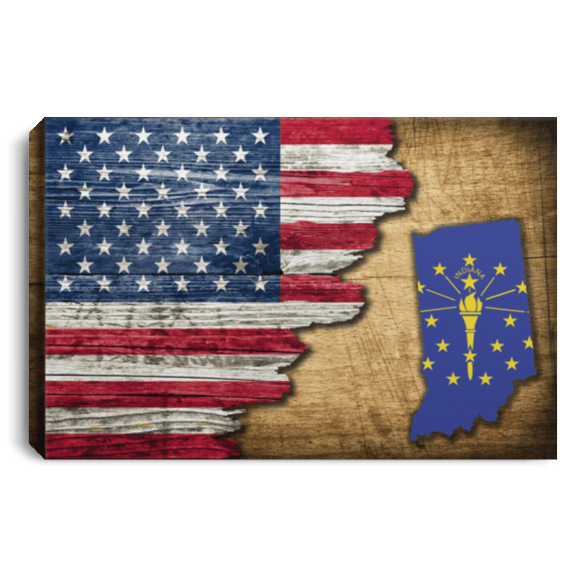 United States/Indiana Flag Ripped Effect 12X8 Inches Landscape Canvas .75In Frame