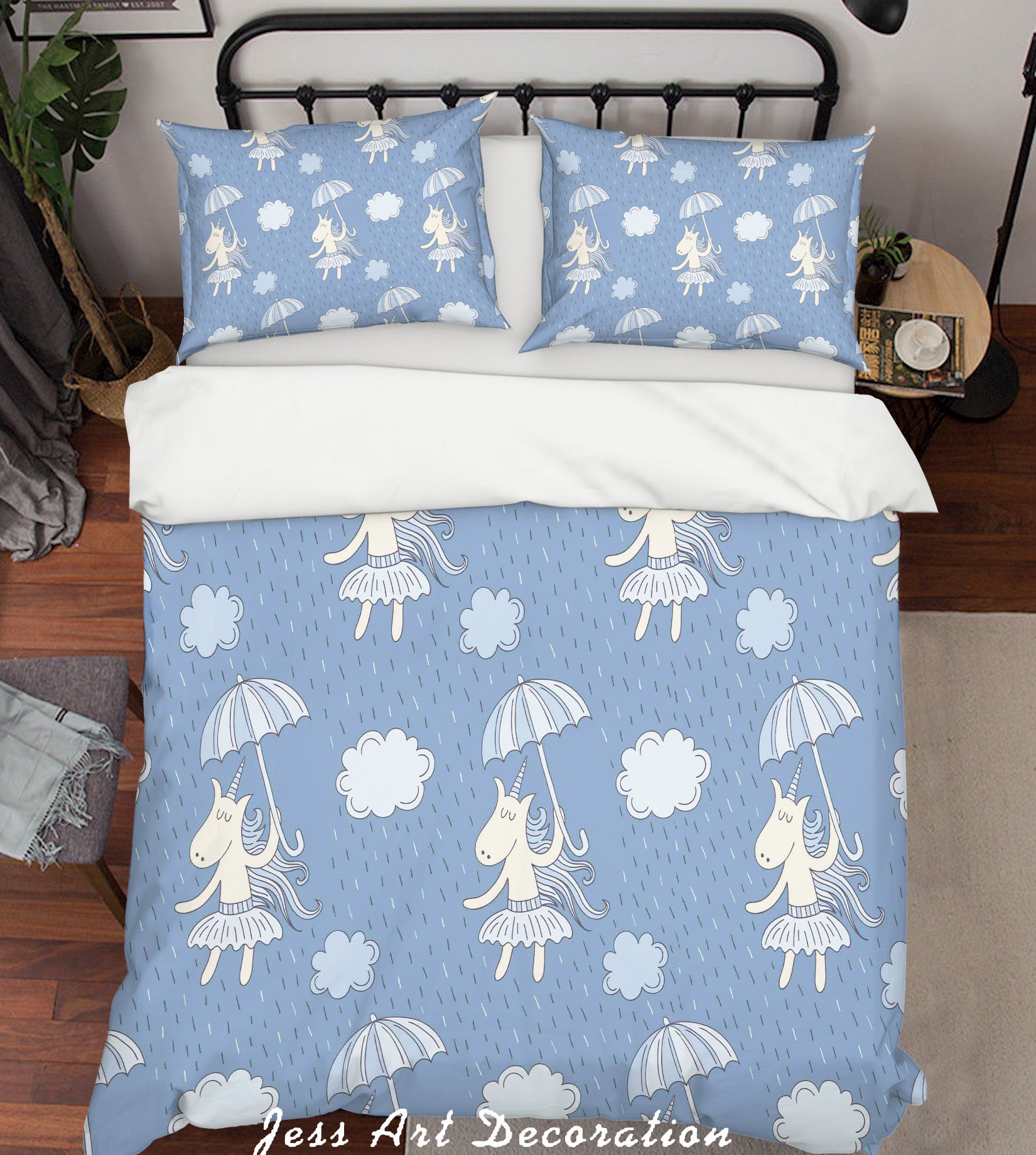 3D Blue Unicorn Umbrella Rain Clouds Quilt Cover Set Bedding Set Pillowcases 63