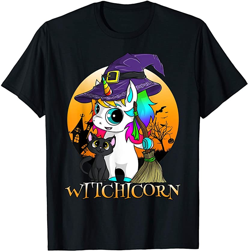 Witchicorn Unicorn Witch Halloween Black Cat Orange Moon T-Shirt