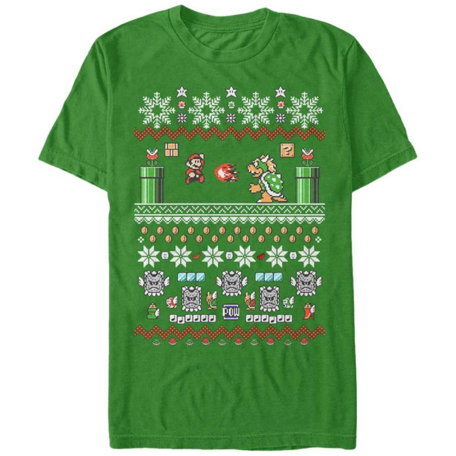 Super Mario Brothers Bit Xmas Stack Mens T Shirt Green