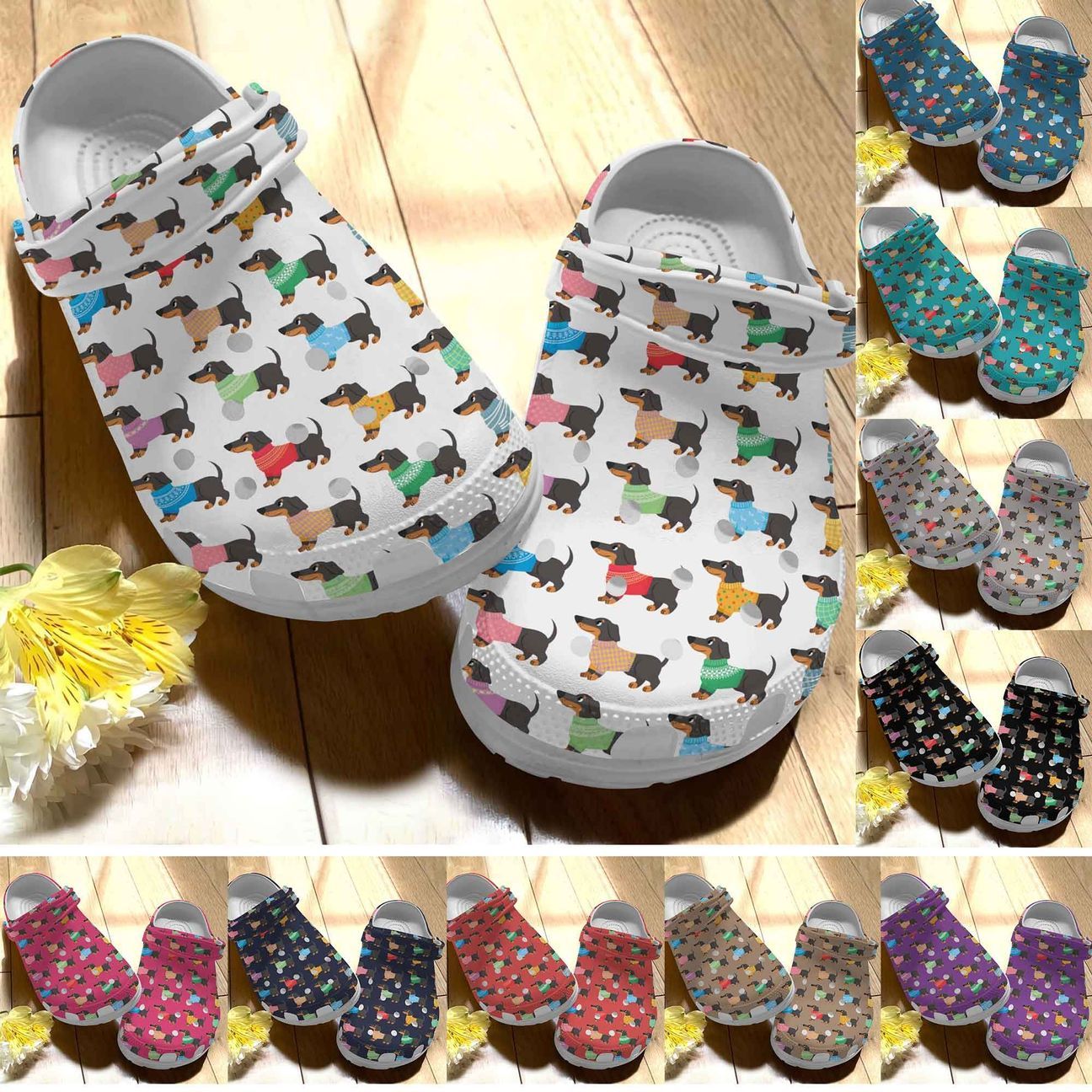 Dachshund Personalize Clog, Custom Name, Text, Fashion Style For Women, Men, Kid, Print 3D Whitesole Dachshund Pattern 6