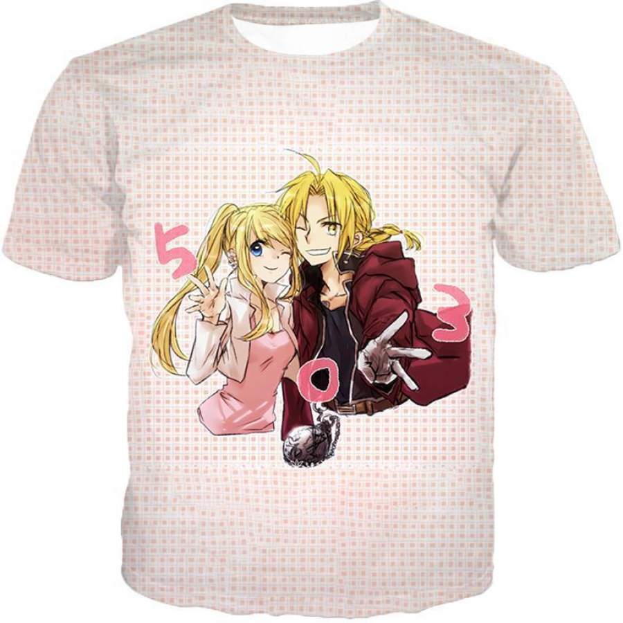 Fullmetal Alchemist Beautiful Anime Couple Edward Elrich x Winry Rockbell Promo White T-Shirt