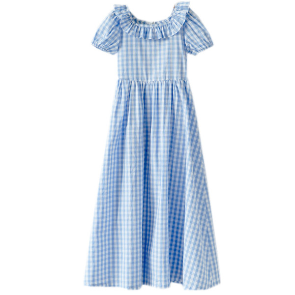 4 to 18 years kids teenager girls summer plaid cotton casual maxi long dress children girl fashion square ruffle collar dresses alx