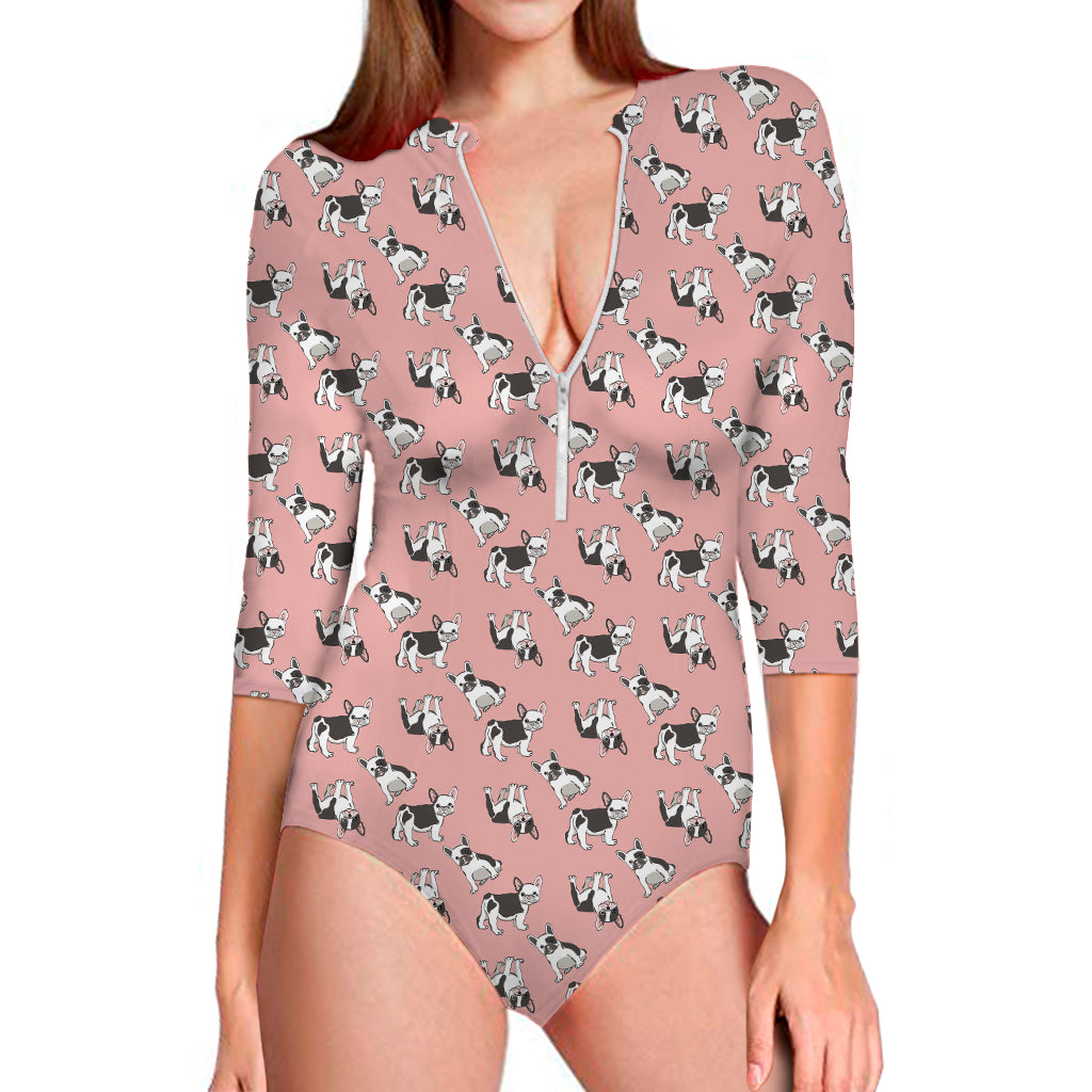 Cute French Bulldog Puppy Pattern Print Long Sleeve One Piece Swimsuit