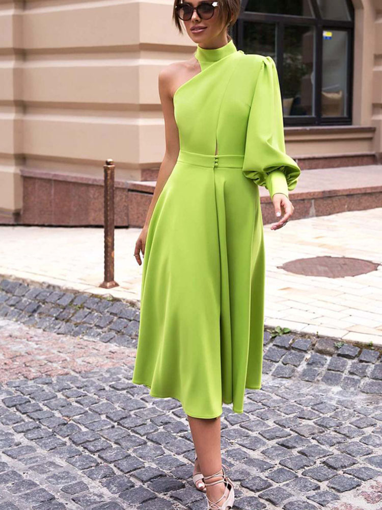 Women’s Boho Sexy Dress New Solid Fashion One Shoulder Sleeve Party Midi Dresses For Women High Slit Robes Prom Vestido Femal alx