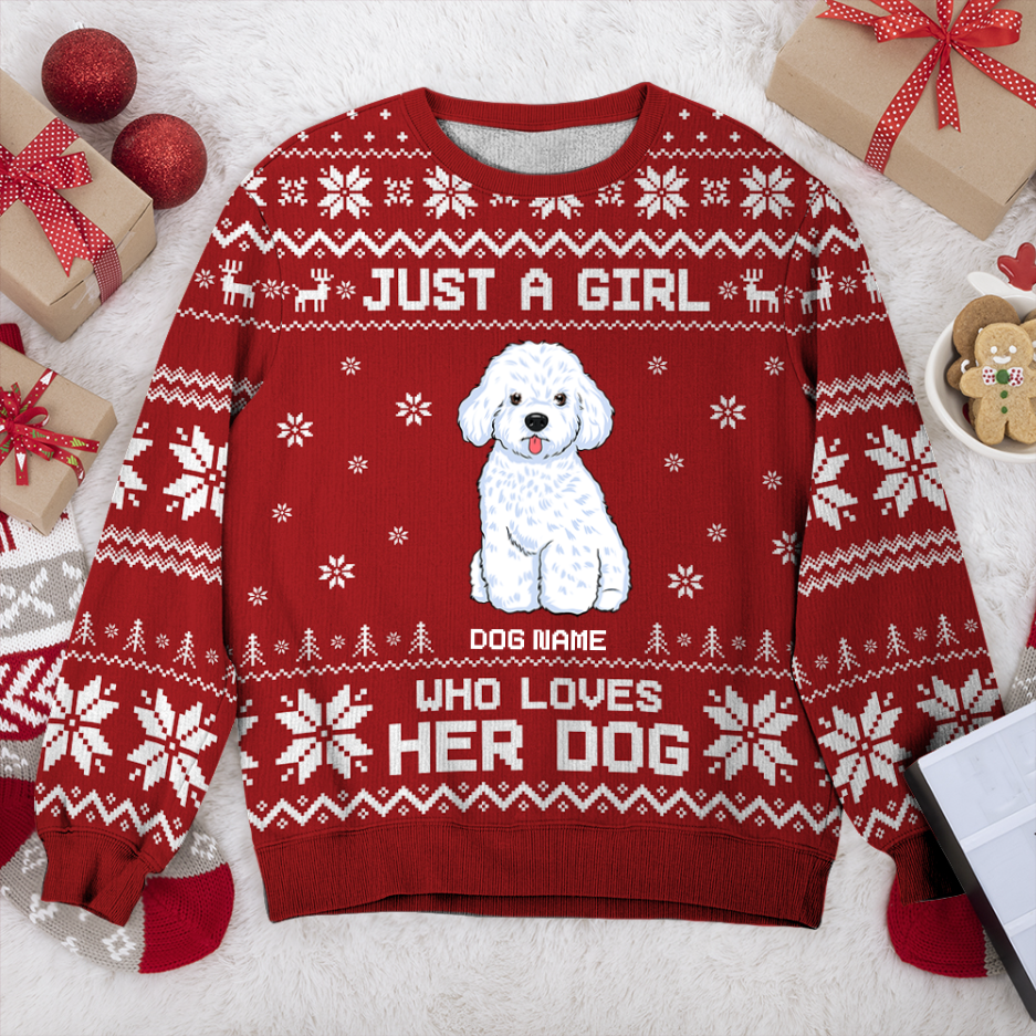 Bichon Frise Just A Girl Personalized Sweater, Dog Ugly Christmas Sweater