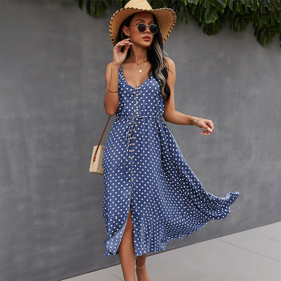 2022 Spring New Polka Dot Spaghetti Strap Dress Women Casual V Neck Holiday Style Bandage Dress Ladies High Wasit Summer Dresses alx