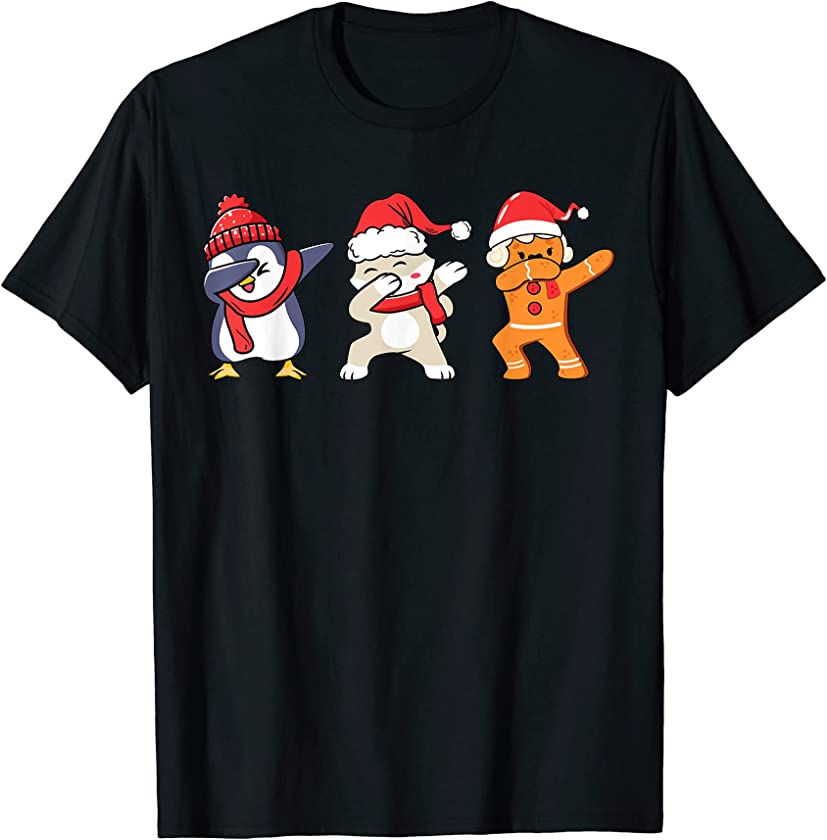 Christmas Dabbing Penguin Cat Cookies Wearing Santa Hat Xmas T-Shirt