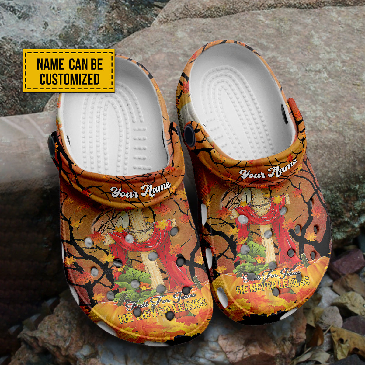 Customized Jesus Thanksgiving Crocs Crocband Clogs Shoes Comfortable For Men Women and Kids Gift For Jesus Lovers Harvest Day Water Shoes Fall For Jesus He Never Leaves Fall Season Pumpkin