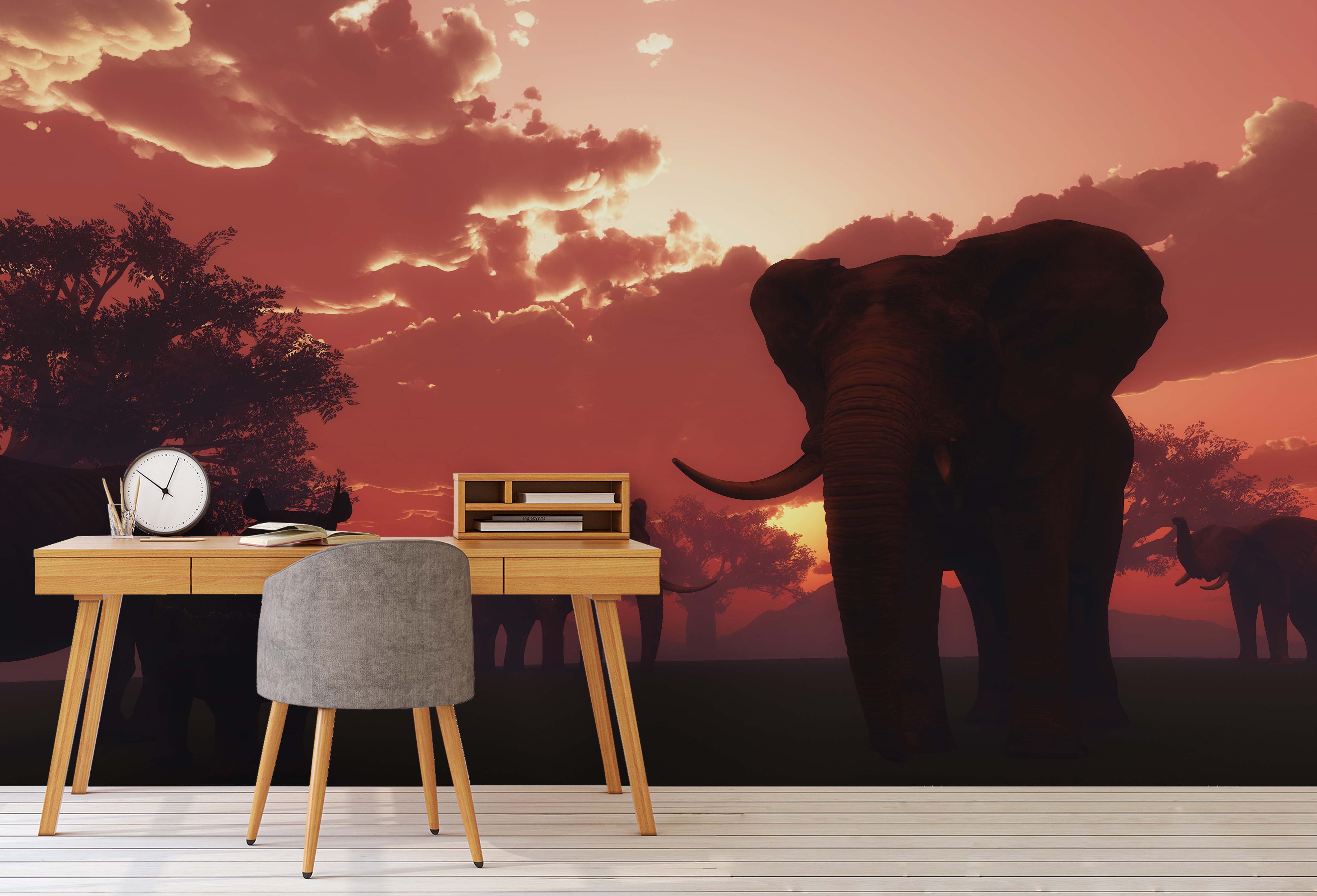 3D Sunset Elephant Wall Mural Wallpaper A050 Lqh