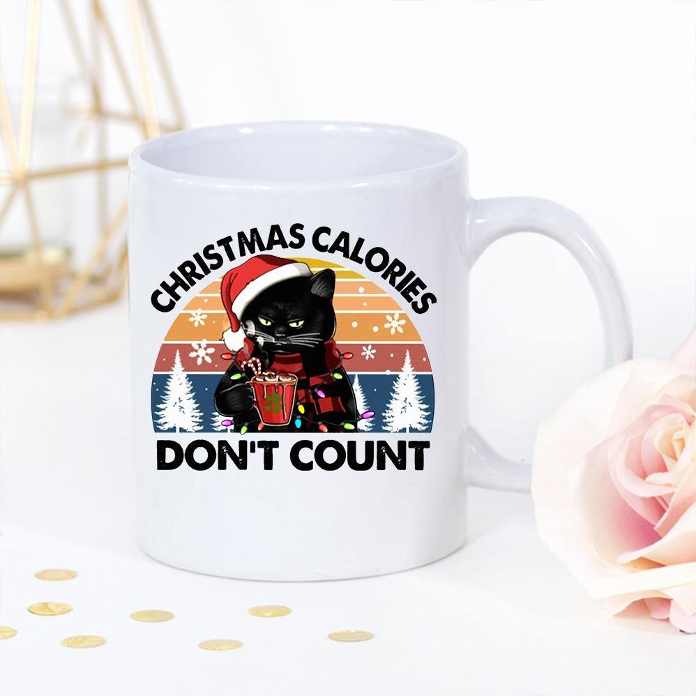 Black Cat Christmas Calories Cocoa Candy Cane Light Retro Vintage Sunset Santa Hat White Mug