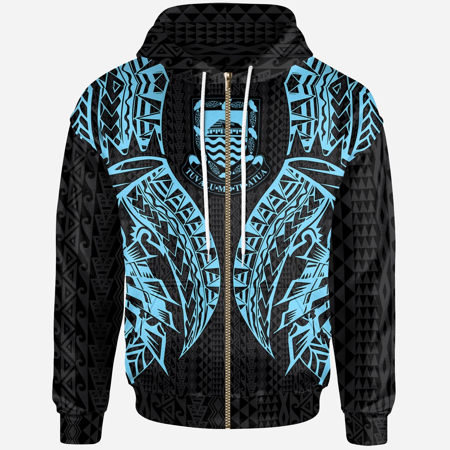 Tuvalu Zip-Up Hoodie – Polynesian Lion Head Neon Style – Pacific Print Hoodie