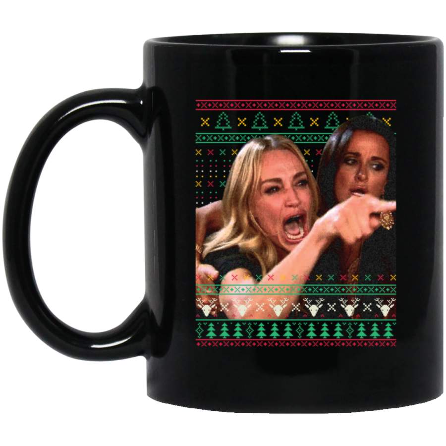 Woman Yelling At A Cat Ugly Christmas Sweater Funny Couple 11 oz Black Mug