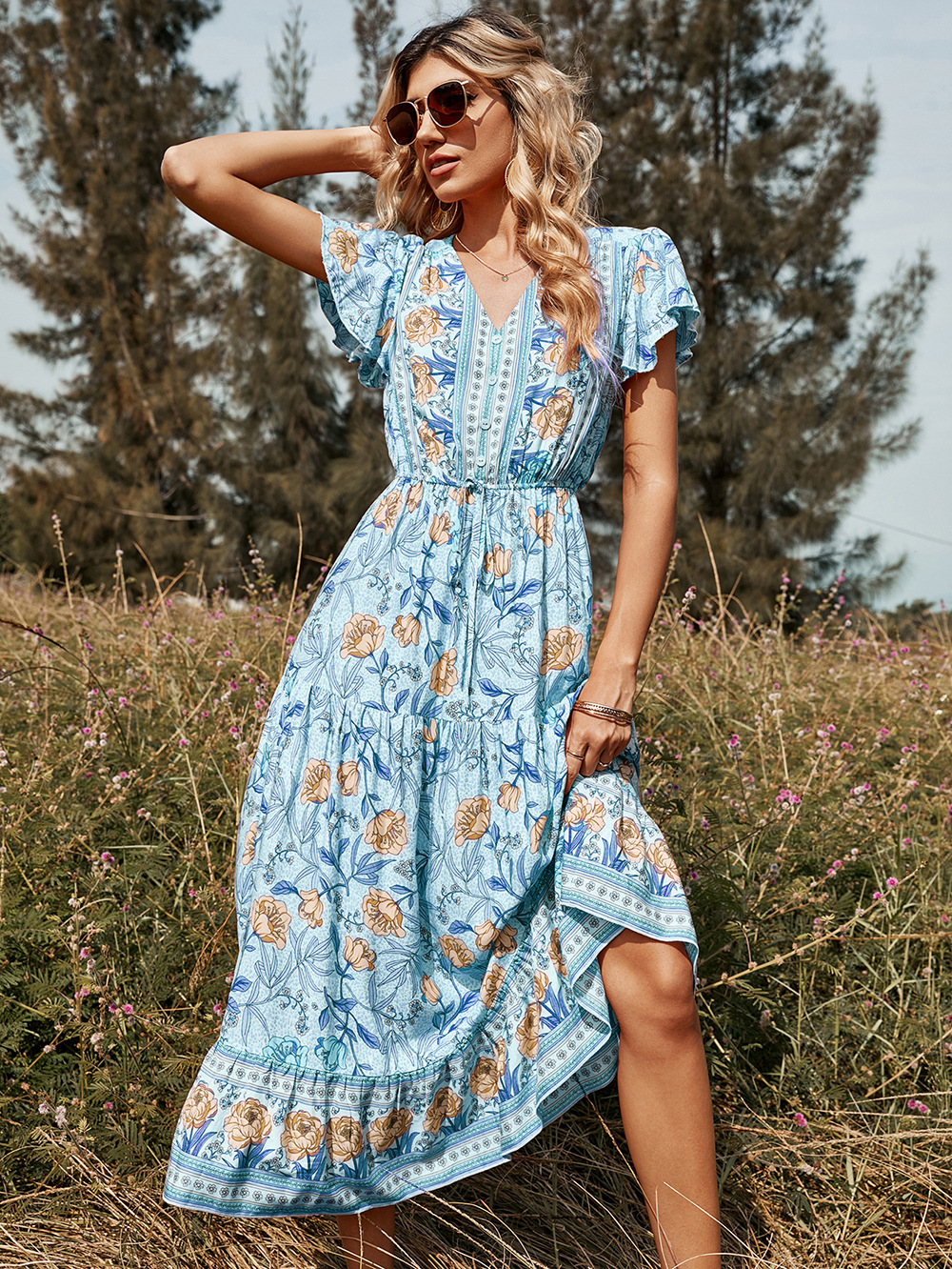 Bohemia Floral Print Ruffles Summer Dress For Women Casual V-neck Shirring Button Midi Dress Female Vintage Holiday Party Dress alx