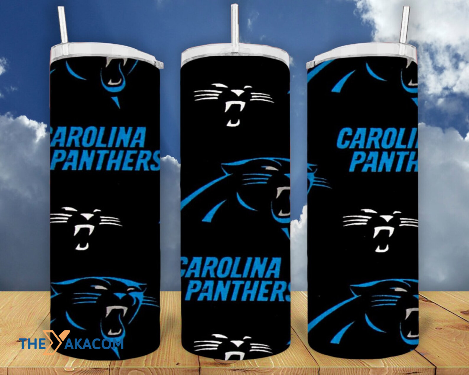 Blue And White Sir Purr Mascot On Black Background Carolina Panthers Tumbler