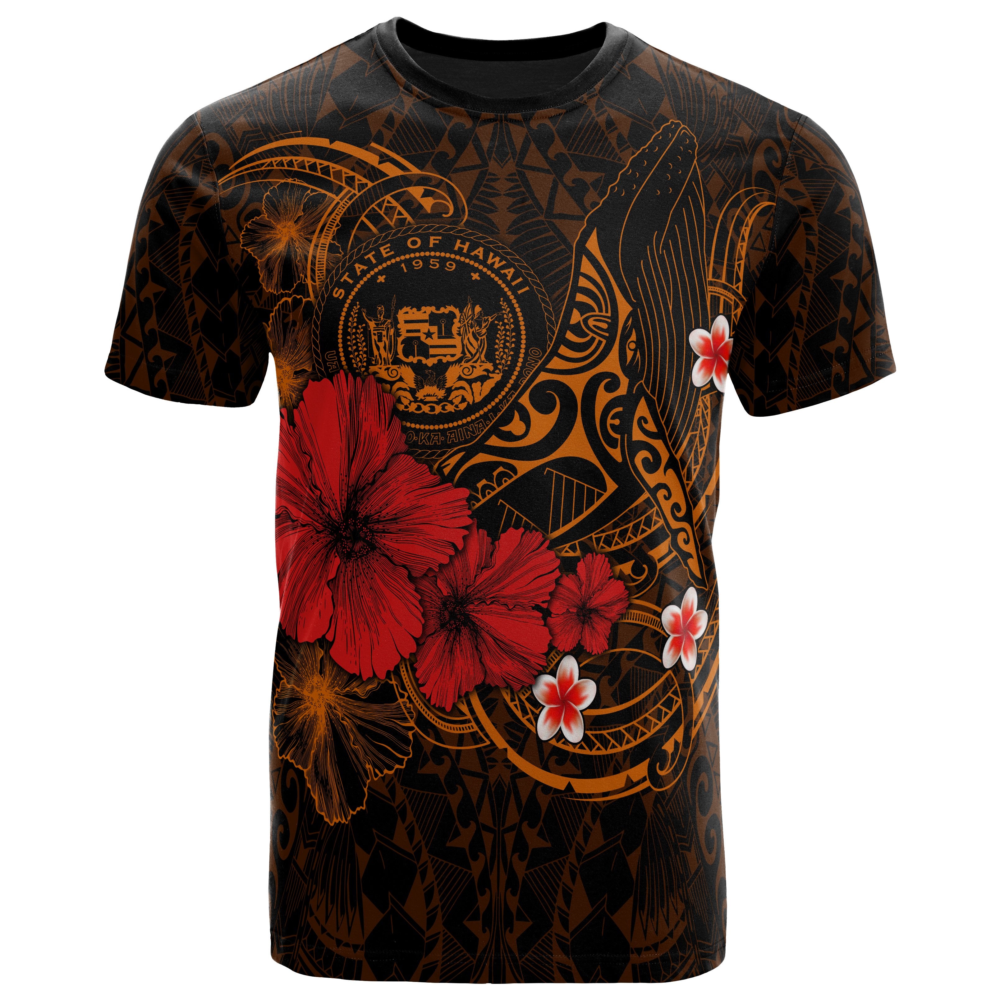 Polynesian Hawaii T-Shirts – Humpback Whale With Hibiscus (Golden)