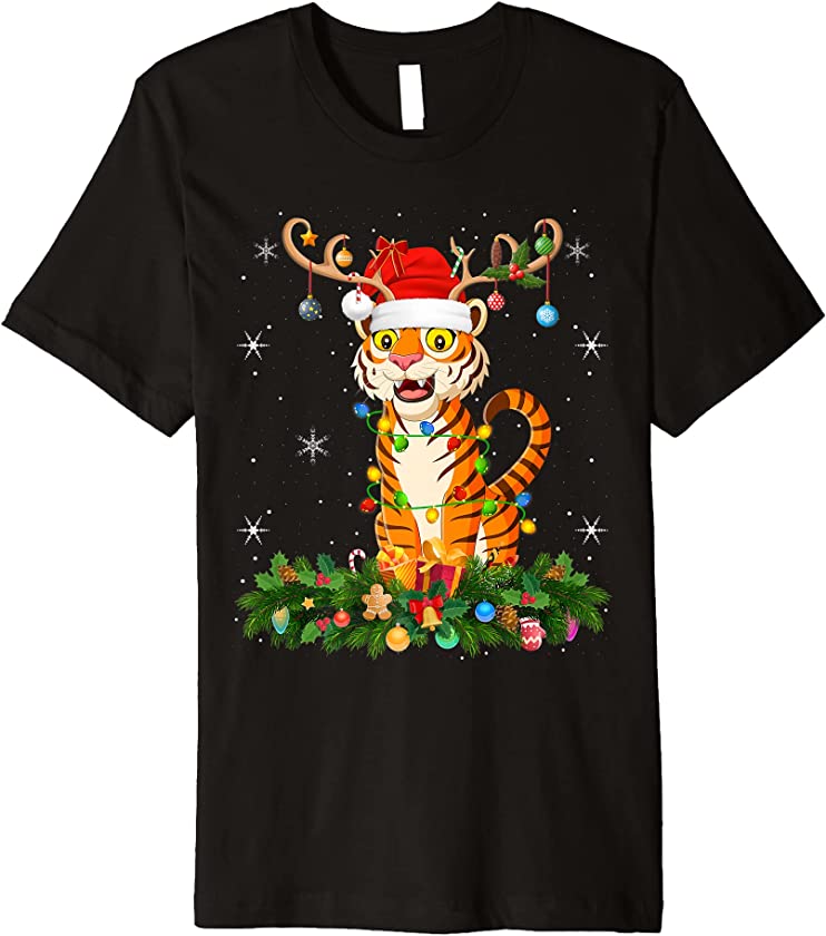 Xmas Holiday Reindeer Hat Santa Tiger Christmas Premium T-Shirt