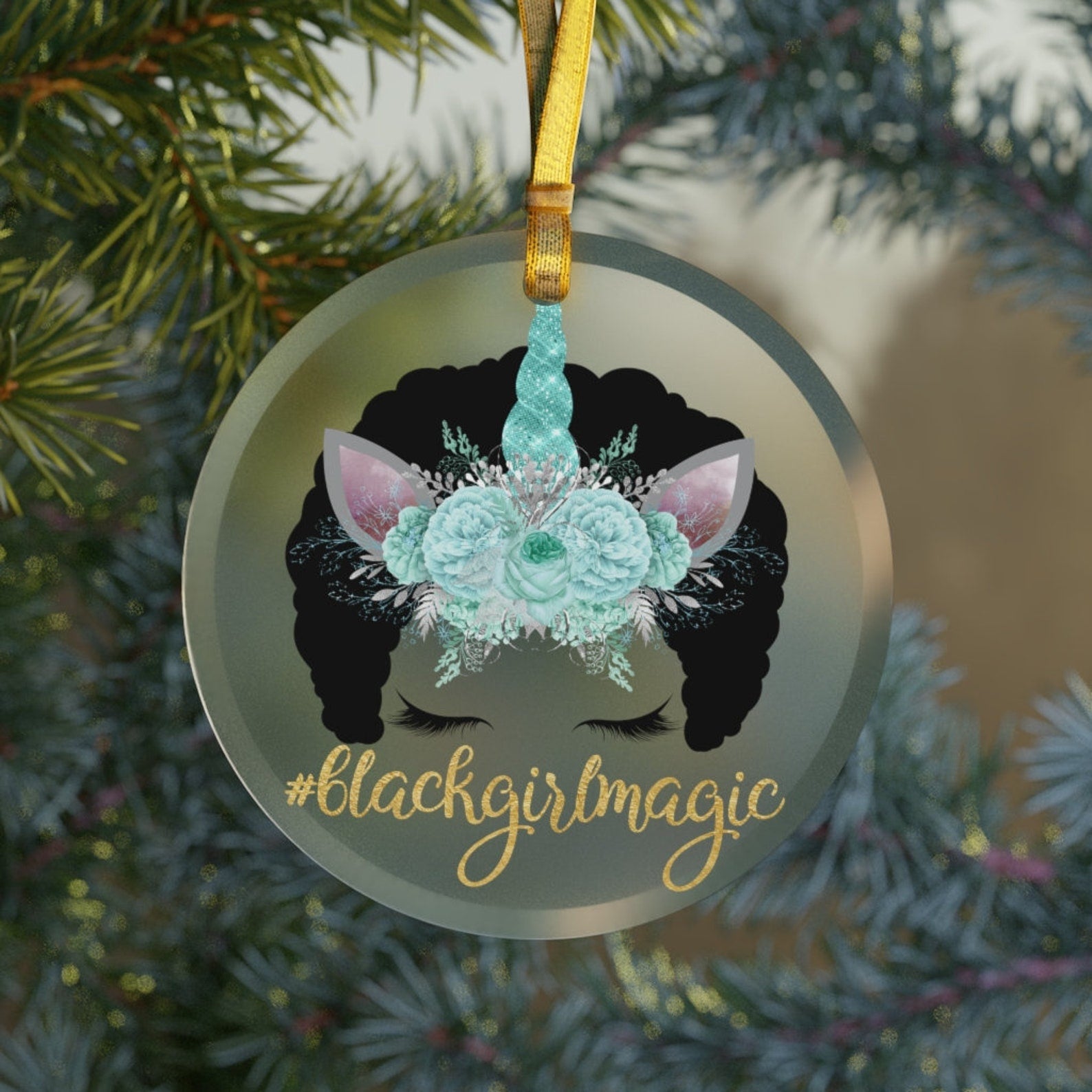 Teal Blue Afro Unicorn Black Girl Magic Unicorn Giftsunicorn Holiday Decoration Floral Faux Gold Christmas Ornament