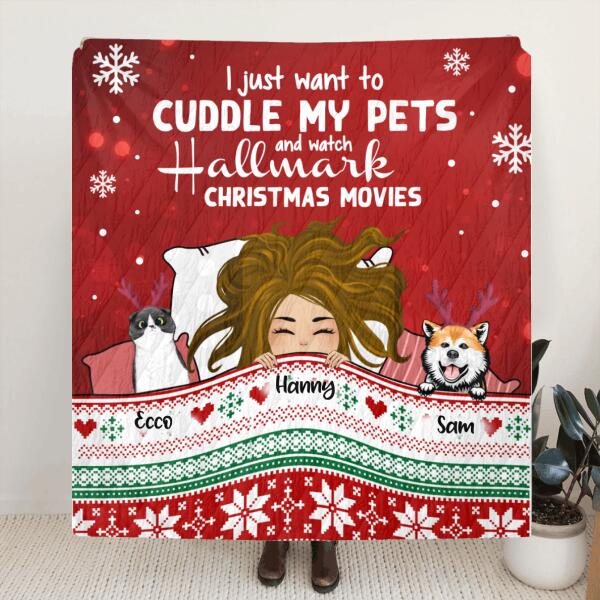 Custom Personalized Christmas Sleeping With Pets Quilt/ Fleece Blanket – Girl With Upto 4 Pets – Christmas Gift For Cat/ Dog Lover – I Just Want To Cuddle My Pets