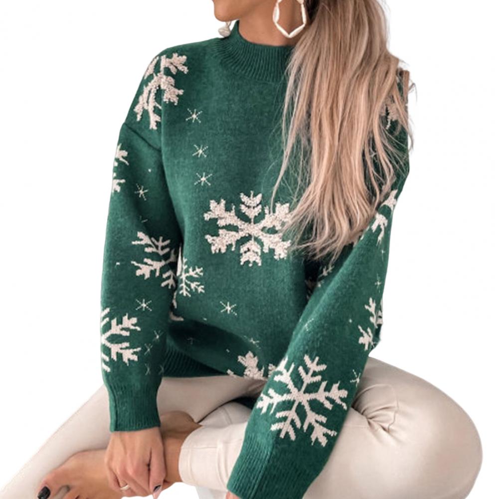 Christmas Sweater Snowflake Print Ribbed Trim Women Sweater Half High Collar Long Sleeve Jumper Cold Resistant Loose Fit Sweater alx