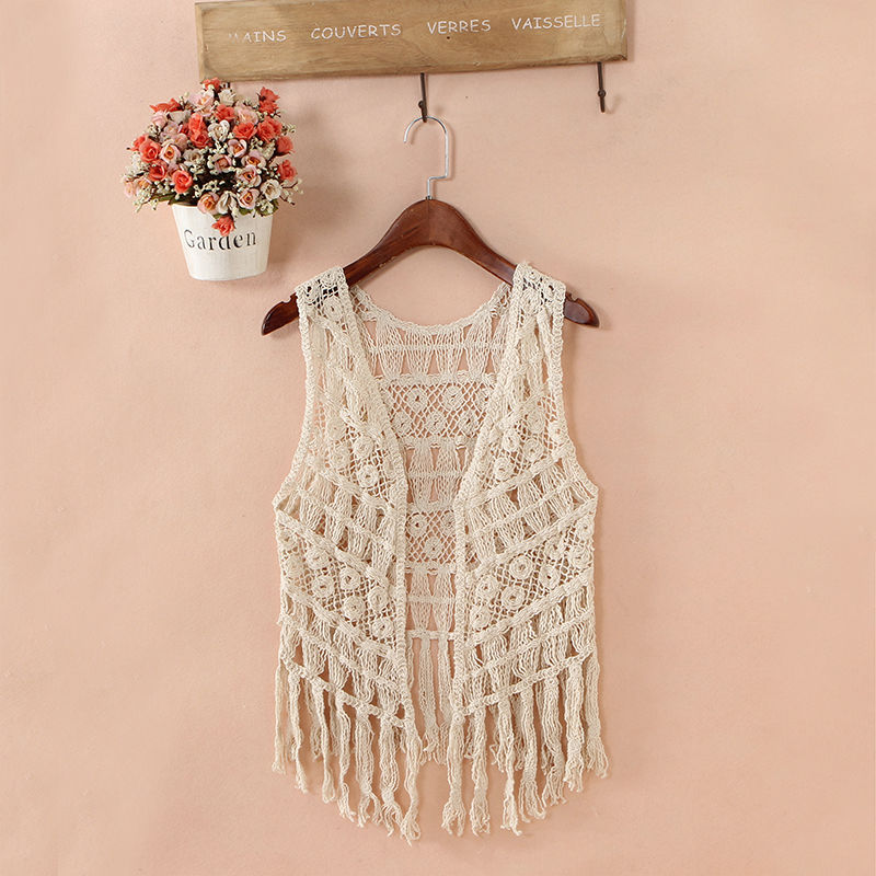 2022 Hollow out Knitted Vest Women’s Short Coat With V-neck Summer Lady Sleeveless Lace Thin Shawl Cardigan Yellow alx