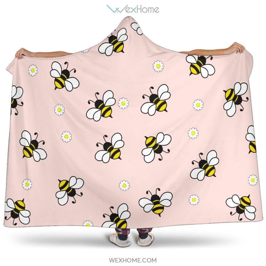 Cute Bee Flower Pattern Pink Background Hooded Blanket