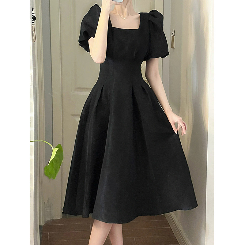 Summer Elegant Black Dress Fashion Square Collar Puff Sleeve Ruffle Female Dresses Korea High Waist Party Women’s Dress Vestido alx