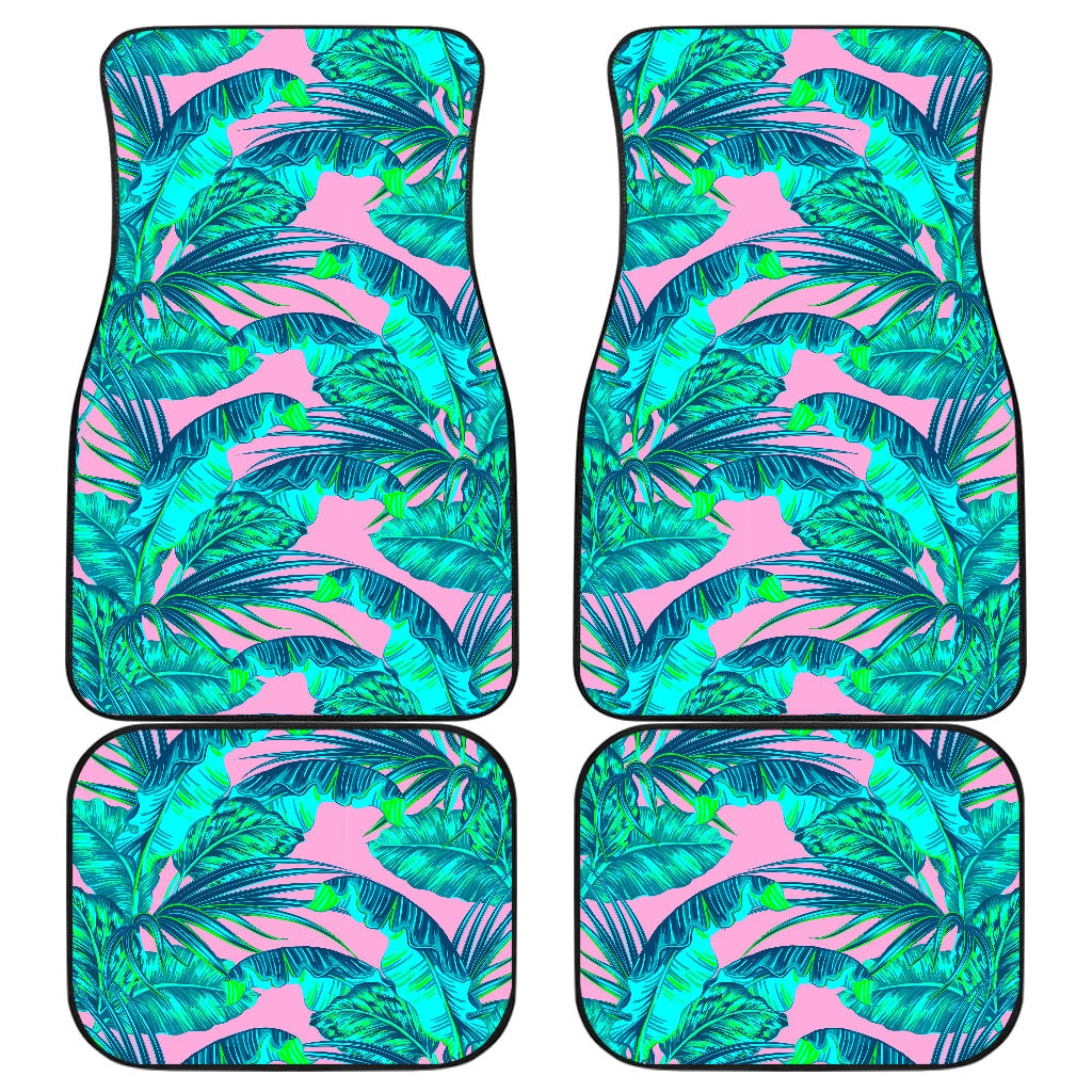 Pink Teal Tropical Leaf Pattern Print Front And Back Car Floor Mats, Front Car Mat