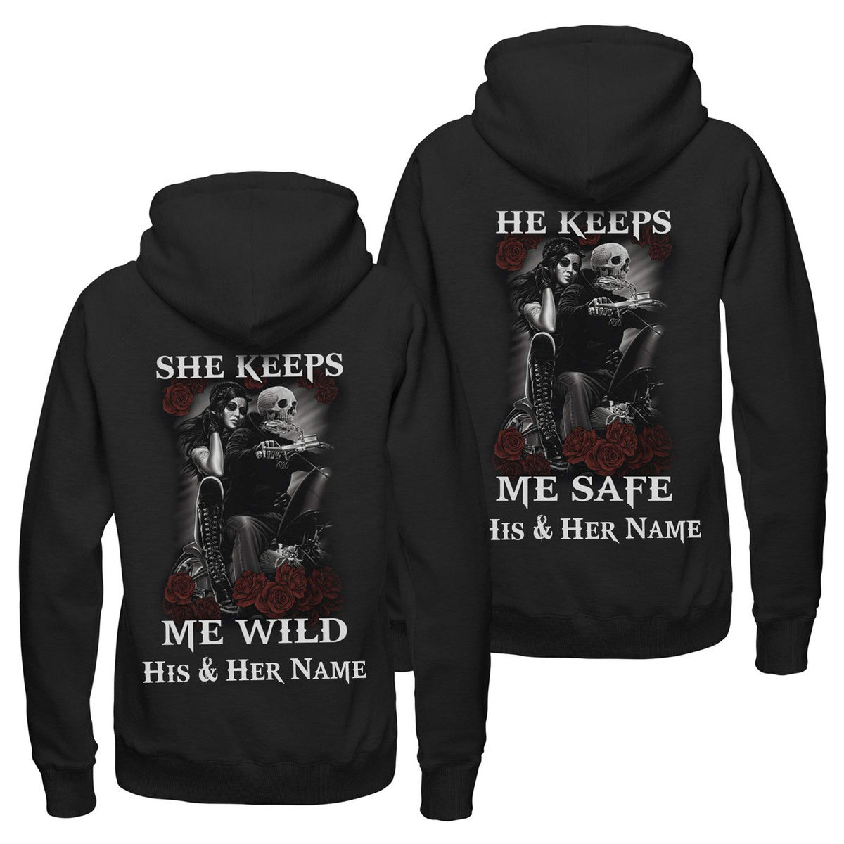 Personalized She Keeps Me Wild He Keeps Me Safe Skull Couple Hoodie, Custom Motorcycle Skeleton Matching Couple Hoodie, Anniversary Hoodie