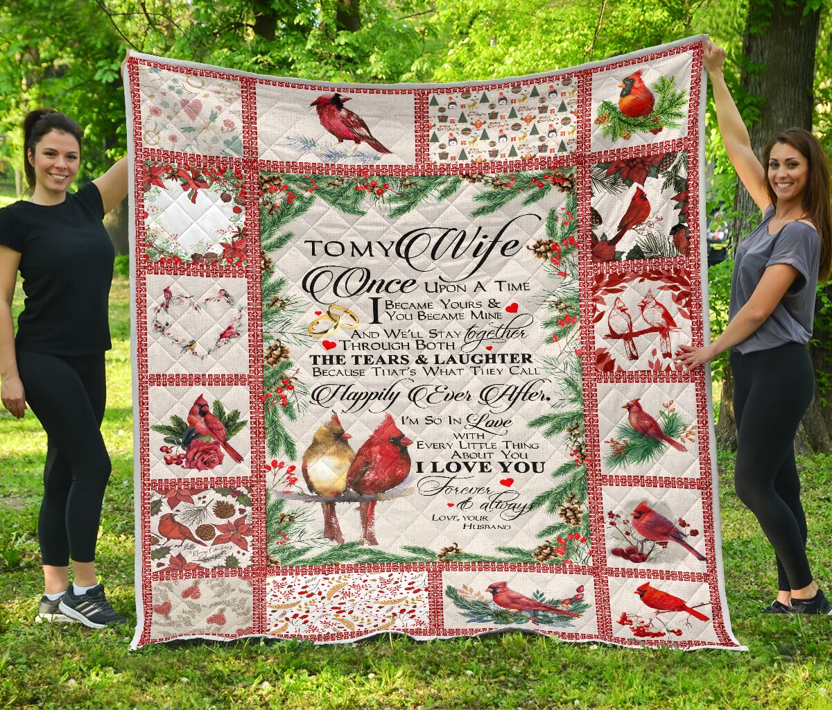 ViticStore™ Red Birds Love- red&white cotton kingsize quilt for wife