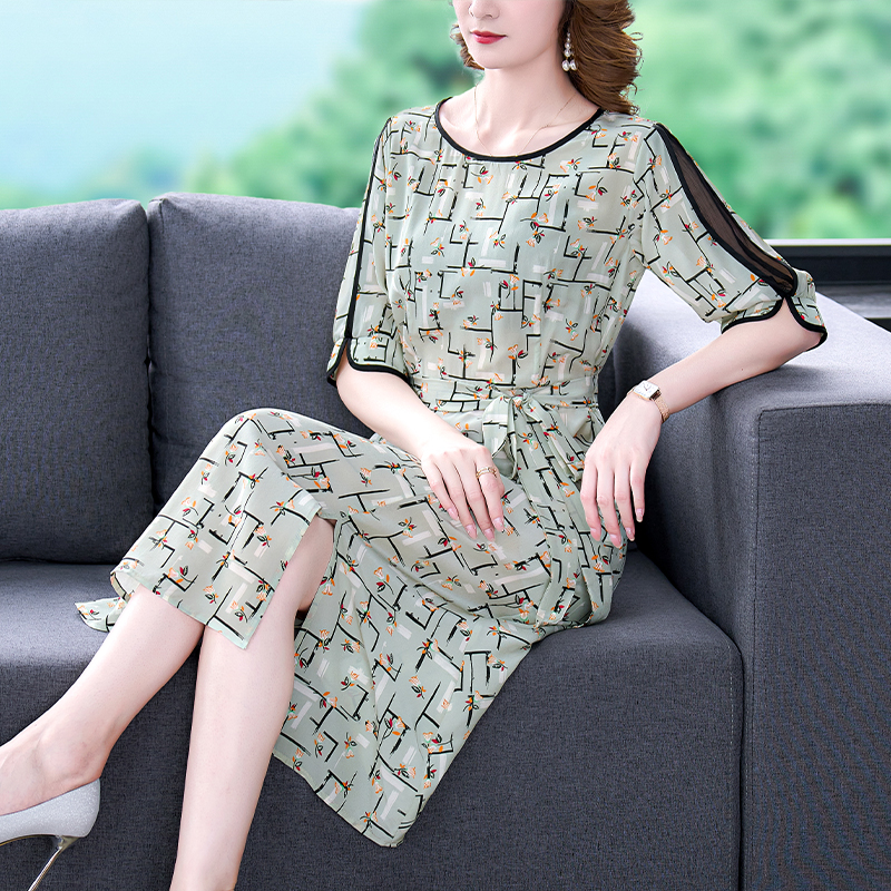 2022 Summer New Women’s high quality fashion short sleeves mid length silk dress alx