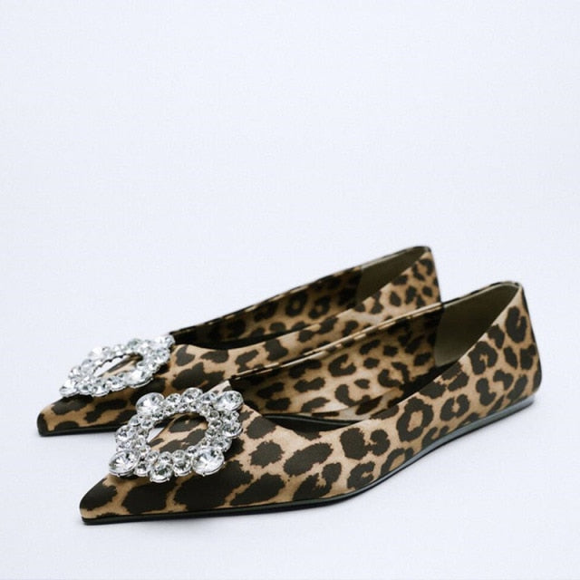 Leopard Rhinestone Mules Pointed Toe Animal Print Flat Shoes