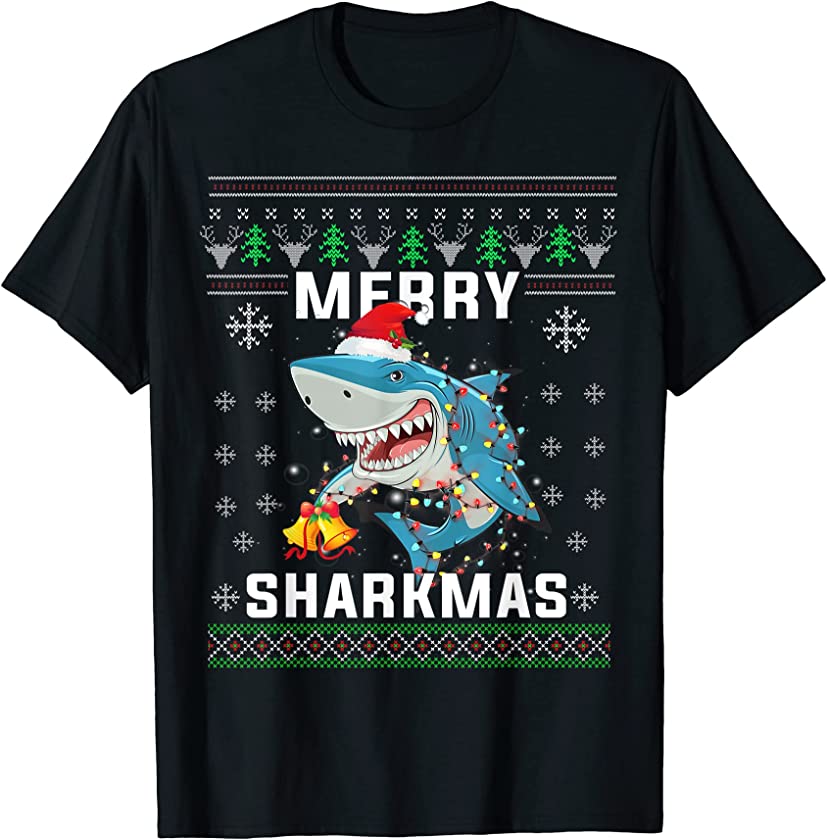 Ugly Merry Sharkmas Santa Shark Christmas Lights Funny Boys T-Shirt