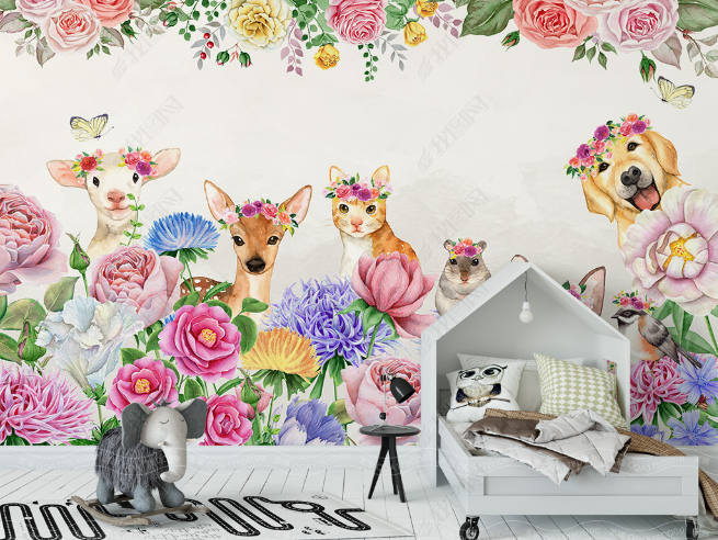 3D Watercolor Floral Leaves Animals Wall Mural Wallpaper Lqh 150