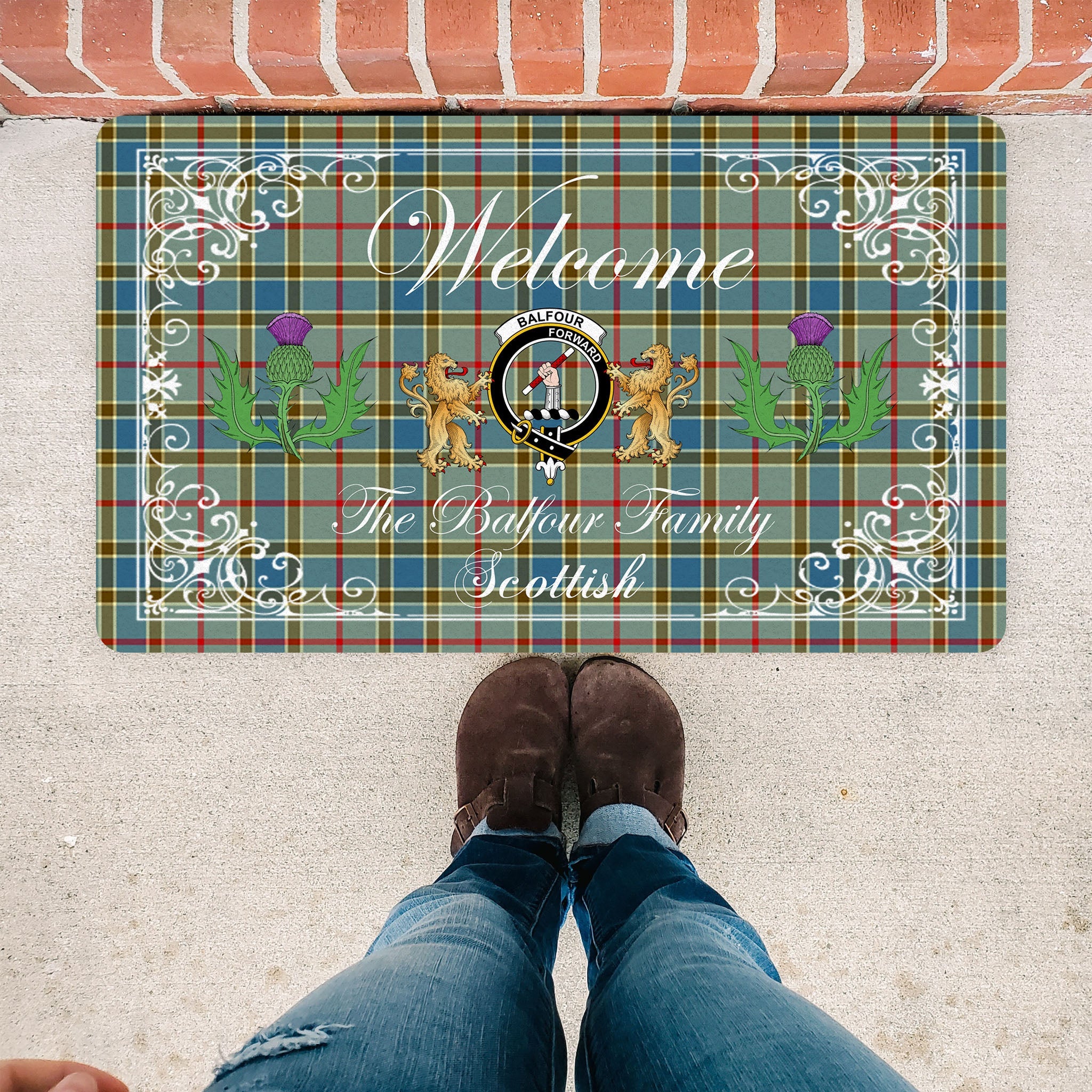 Scotstee Shop Tartan Door Mats Clan Balfour Badge Tartan Thistle And Two Lion Scottish Plaid Doormat, Christmas Door Mat Gift