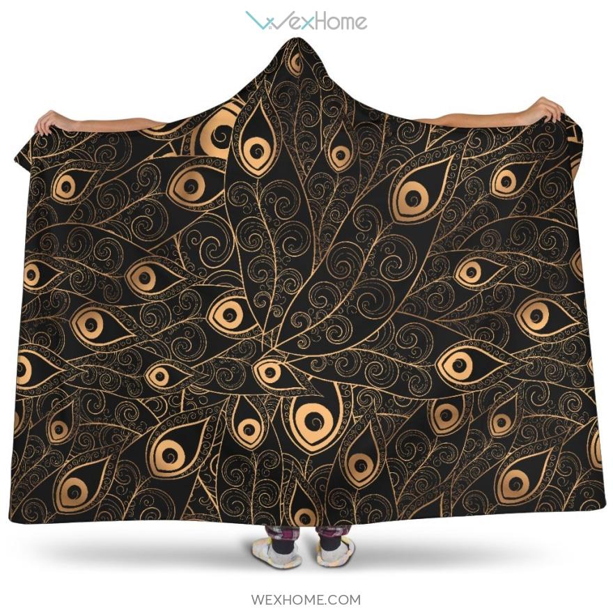 Gold Peacock Feather Pattern Hooded Blanket