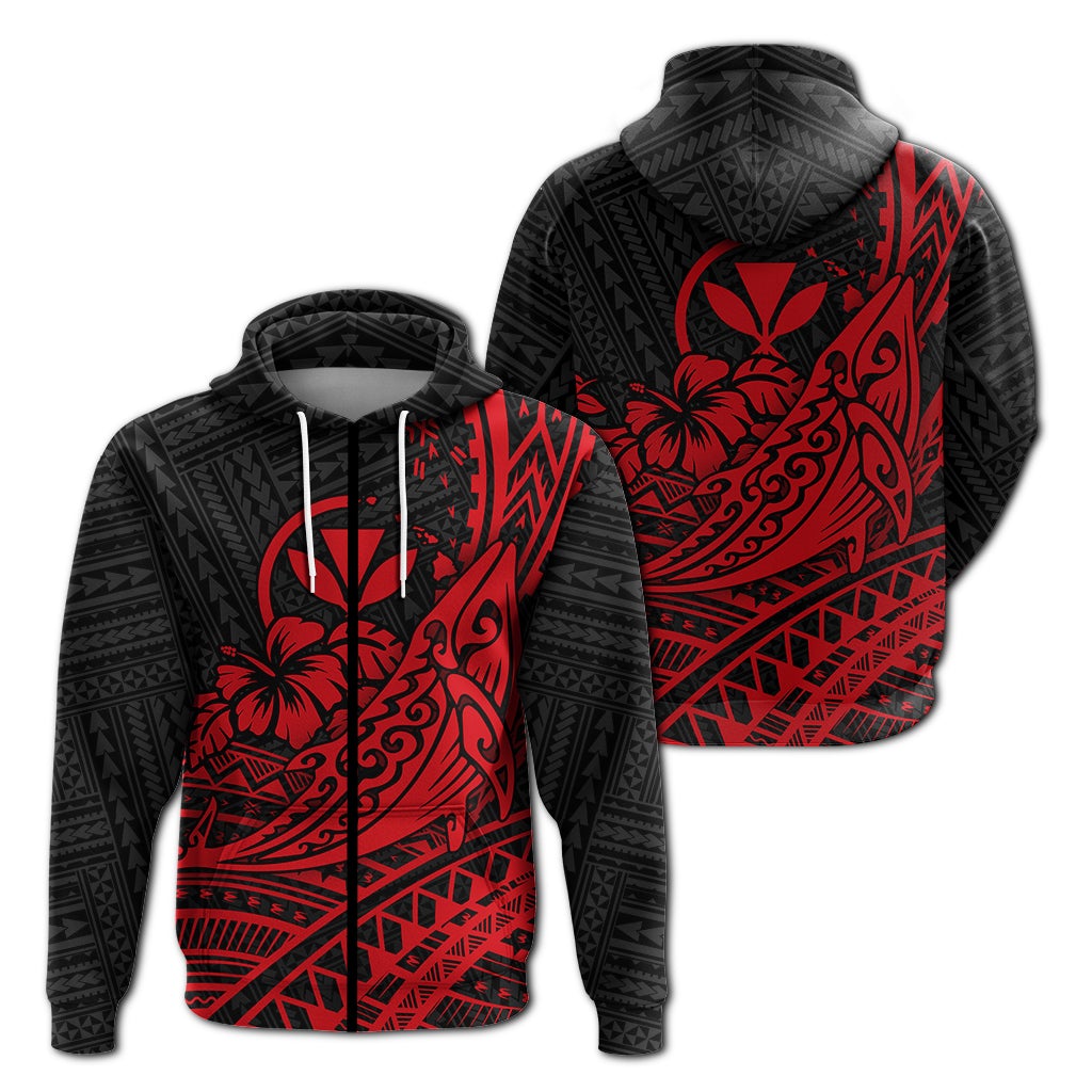 Hawaii Humpback Whale With Hibiscus Tribal Red Zip Hoodie – Lt12