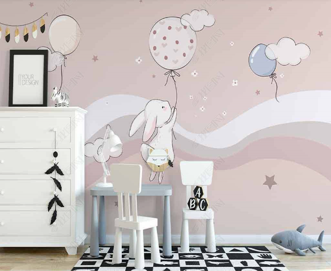 3D Northern Europe Hand-Painted Pink Rabbit Balloon Wall Mural Wallpaper Sww2572