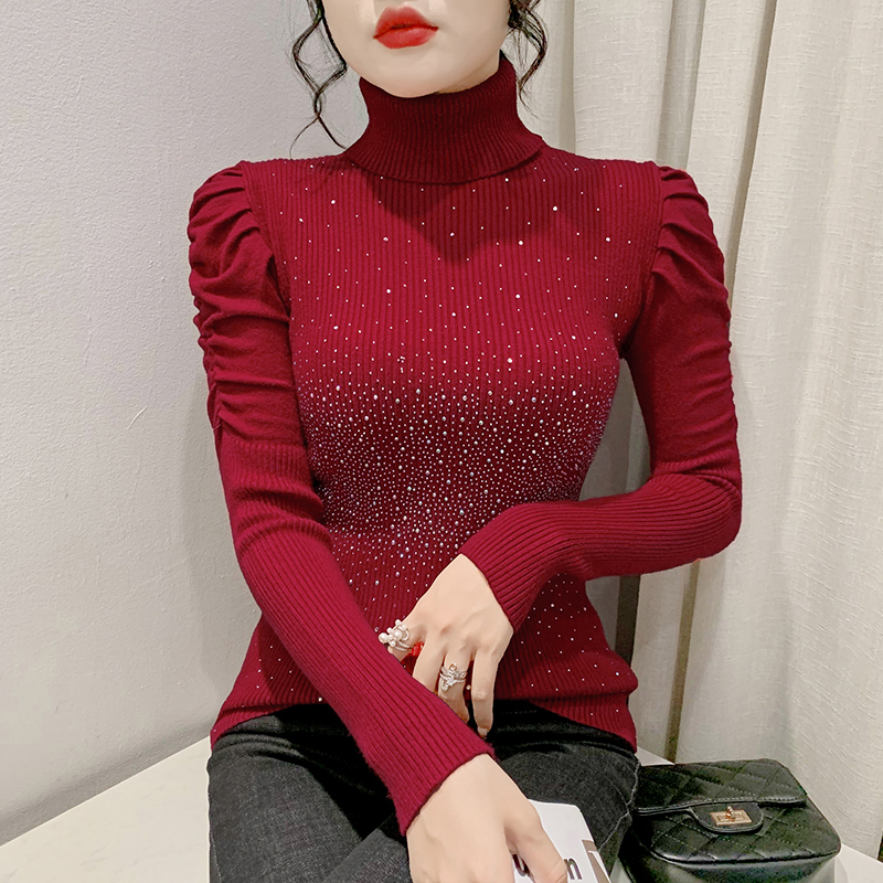 Turtleneck sweater women Elegant Winter Thick puff Sleeve Hot drilling knitwears Pullover korean fashion pull femme hiver 2022 alx