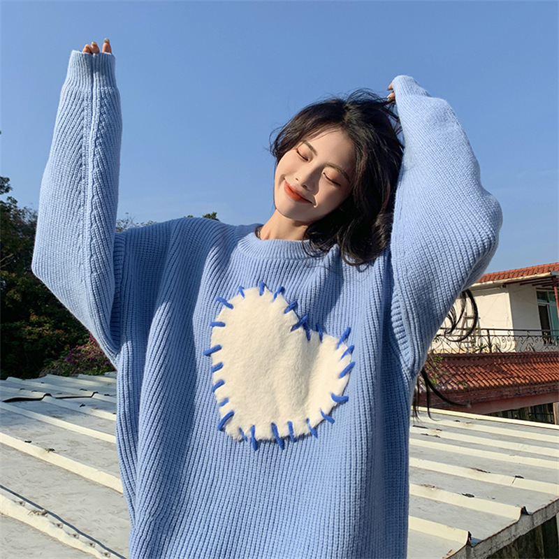 Women Korean Style Love Sweater Blue Loose Outer Knitted Pullover Autumn Winter Female Chic Fashion Casual Sweater alx