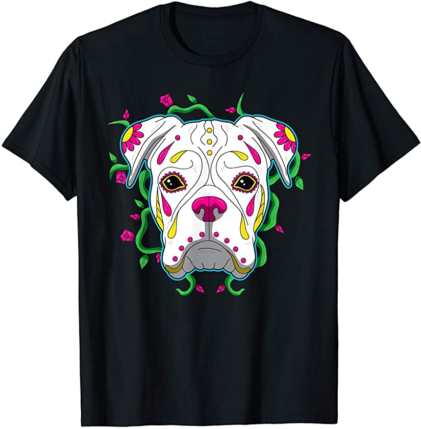 White Boxer Sugar Skull Dia de Los Muertos Dog Mom T-Shirt