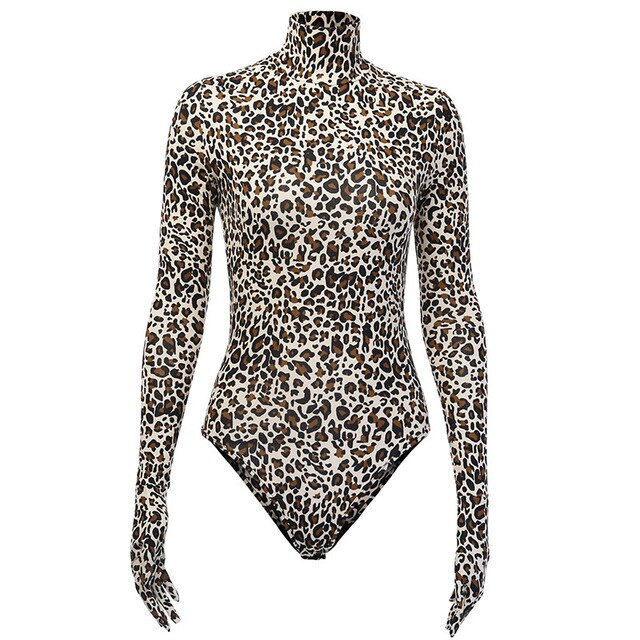 Sexy Leopard Long Sleeve with Glove Women Turtleneck Leopard Bodycon Bodysuit