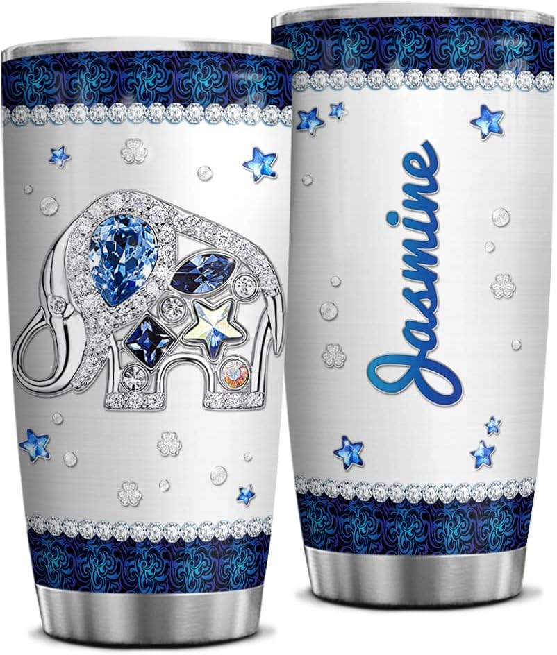 Elephant Tumbler, Personalized Elephant Gifts For Women Girls Jewelry Drawing Style Stainless Steel Tumblers Custom Name 20Oz 30Oz